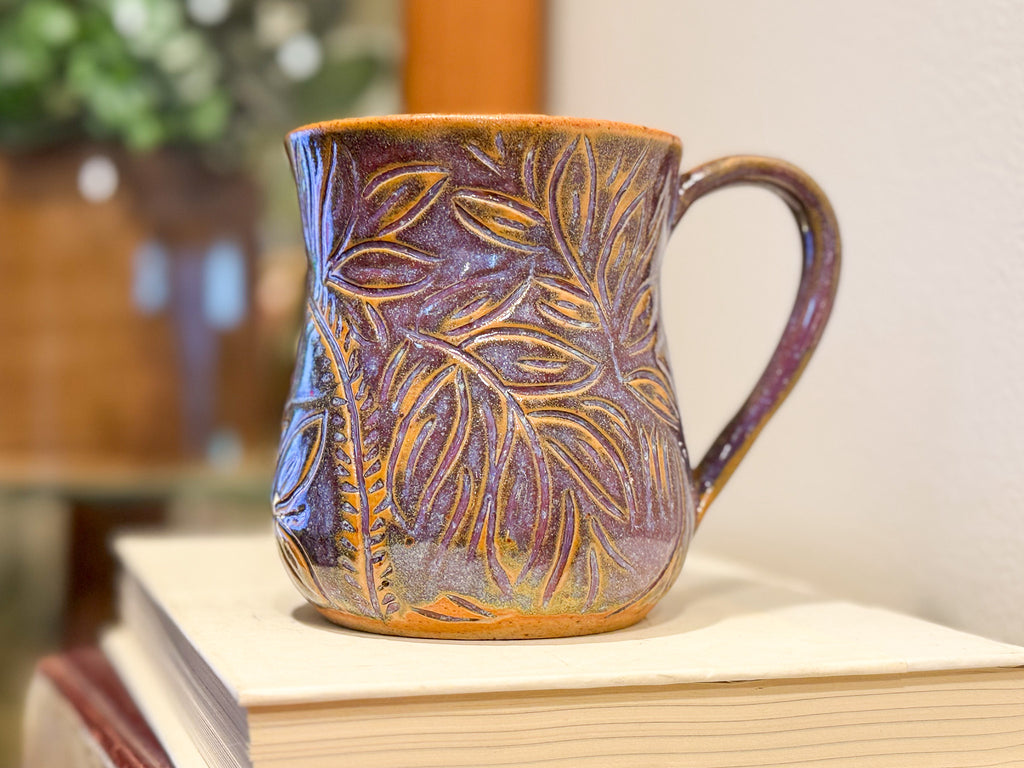 Purple Floral Carved Mug - Handmade Ceramics