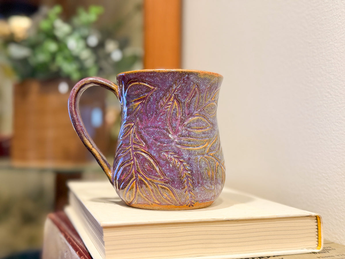 Purple Floral Carved Mug - Handmade Ceramics