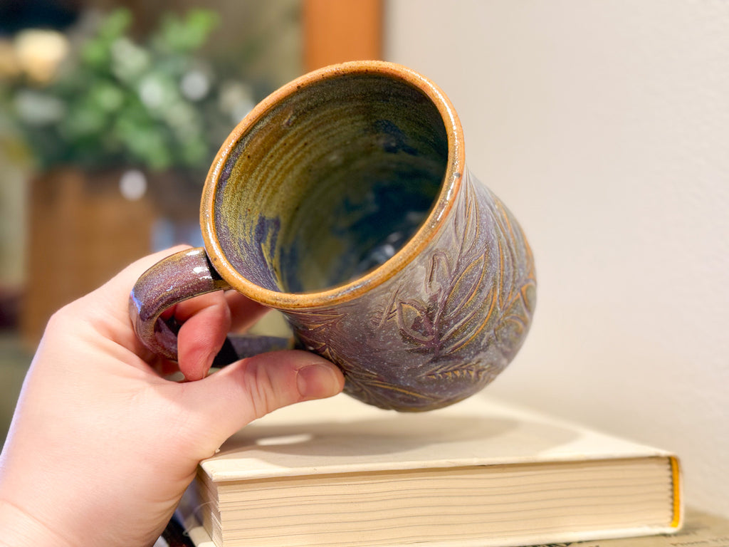 Purple Floral Carved Mug - Handmade Ceramics