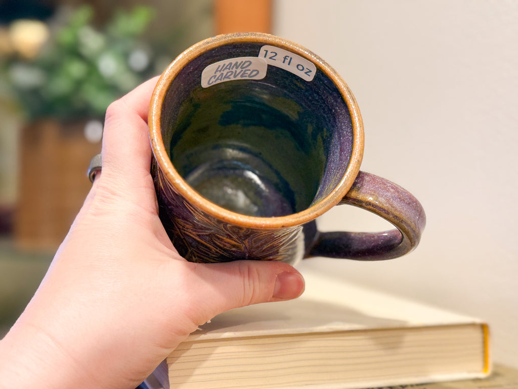 Purple Floral Carved Mug - Handmade Ceramics