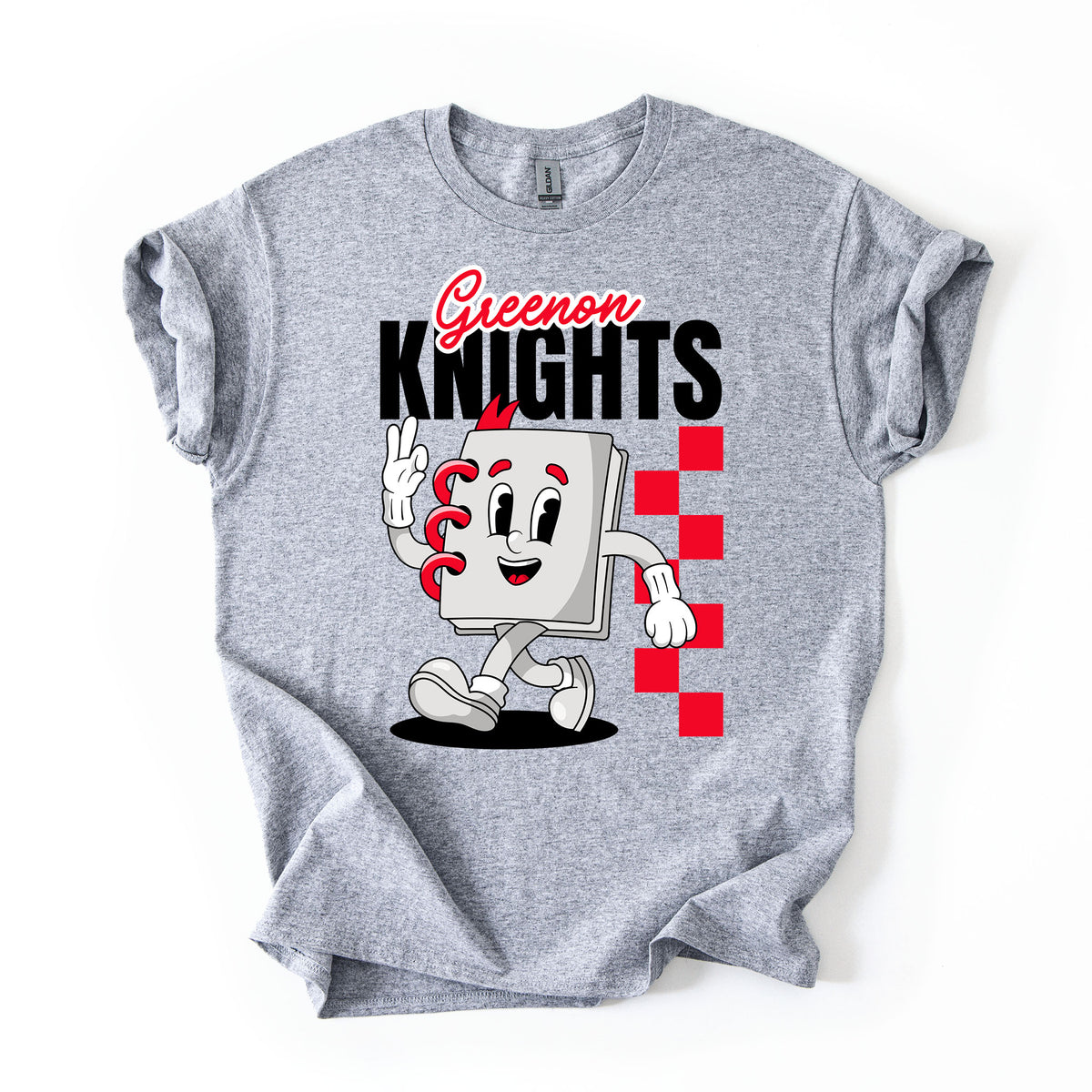 A heather gray short-sleeve t-shirt with a graphic print of the 'Greenon Knights' mascot, a cartoon block character, and a red-and-white checkered pattern.