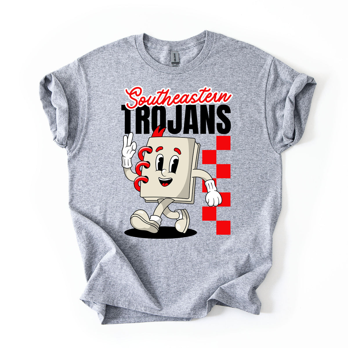 A heather gray short-sleeve t-shirt with a graphic print featuring 'Southeastern Trojans' and a school notebook mascot, displayed flat against a white background.